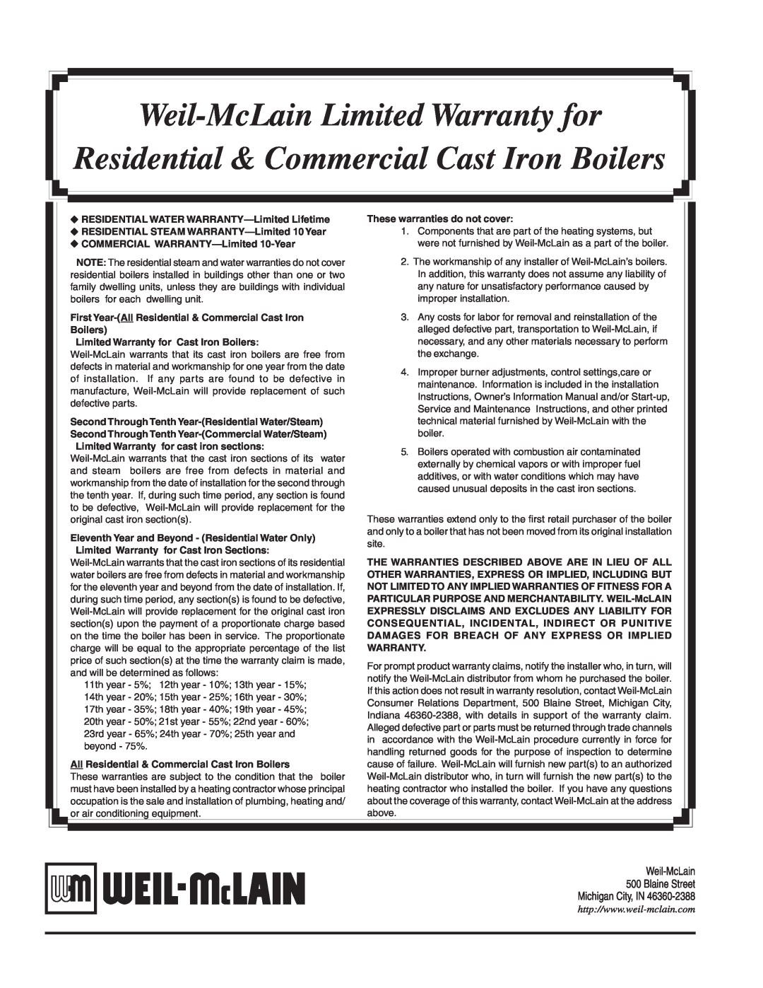 Weil-McLain 80 manual Weil-McLainLimited Warranty for, Residential & Commercial Cast Iron Boilers 