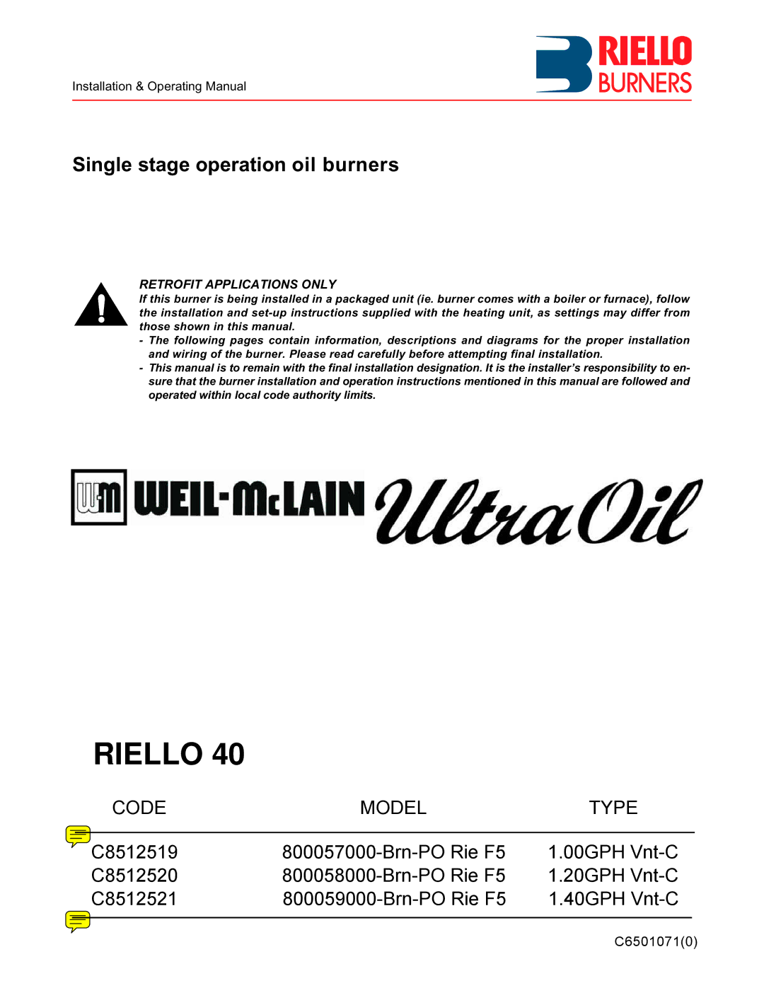 Weil-McLain 800059000-Brn-PO Rie F5, 800057000-Brn-PO Rie F5, 800058000-Brn-PO Rie F5 manual Riello 