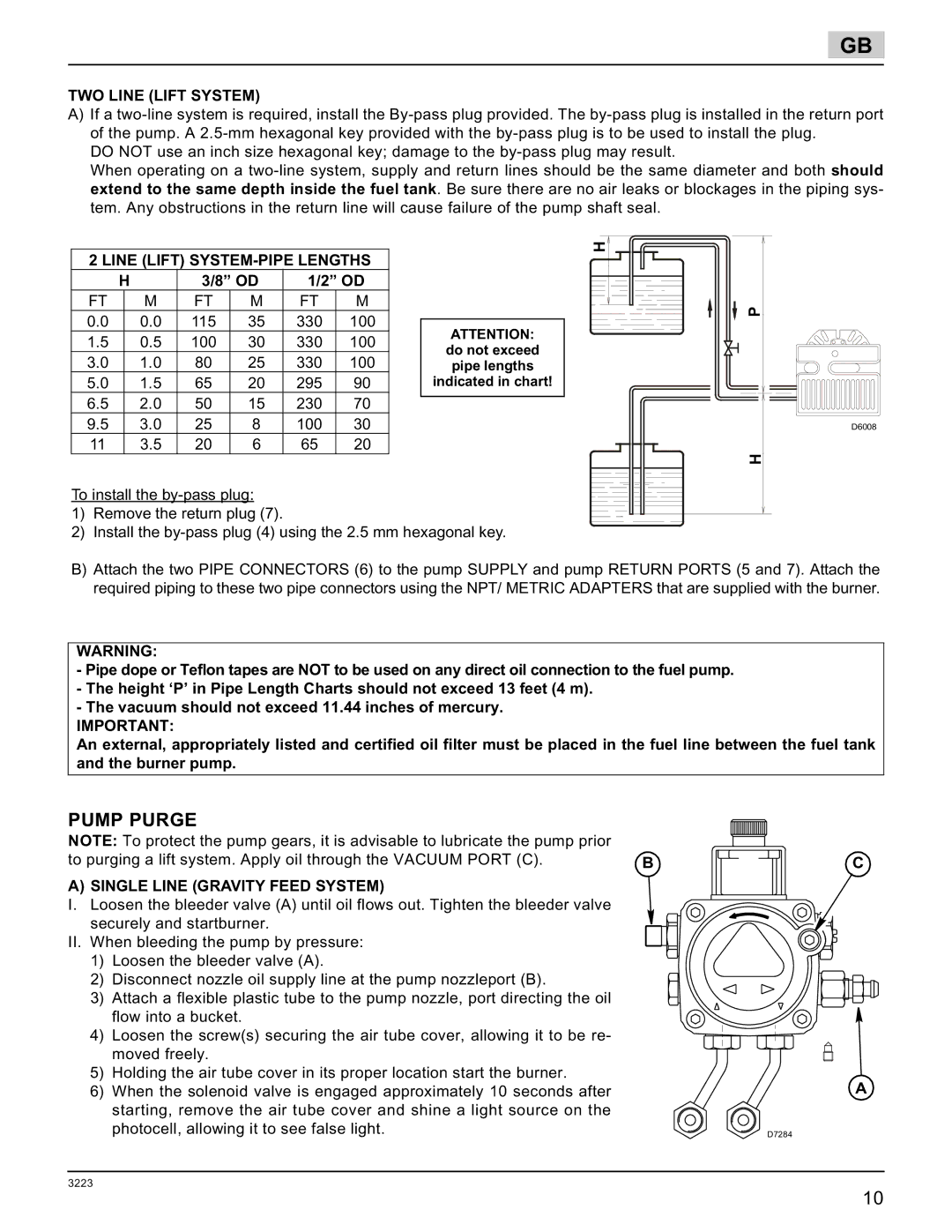 Weil-McLain 800059000-Brn-PO Rie F5 manual Pump Purge, TWO Line Lift System, Line Lift SYSTEM-PIPE Lengths 