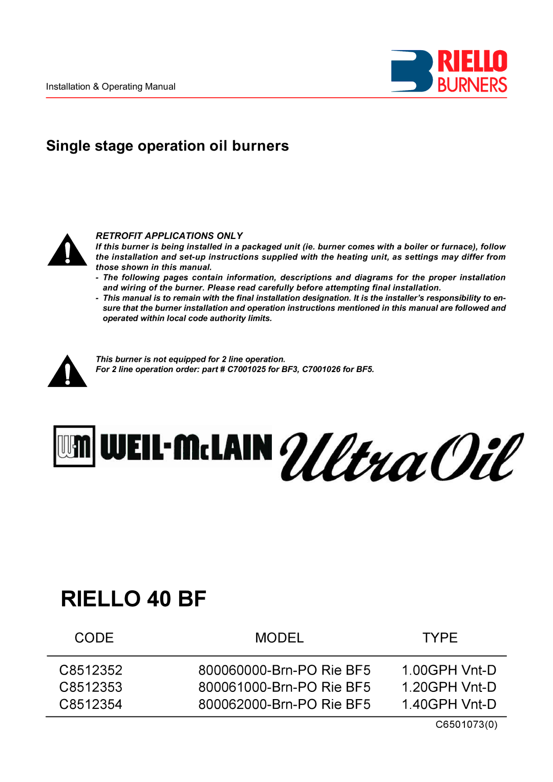 Weil-McLain 800060000-Brn-PO Rie BF5, 800062000-Brn-PO Rie BF5, 800061000-Brn-PO Rie BF5 manual Riello 40 BF 