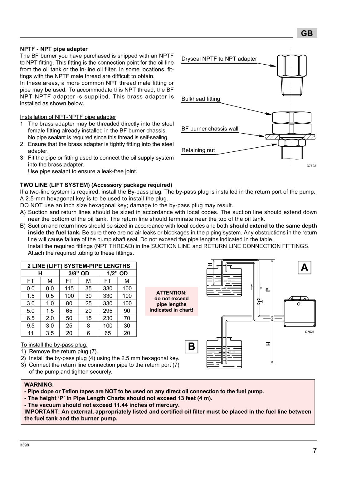 Weil-McLain 800060000-Brn-PO Rie BF5 manual Nptf NPT pipe adapter, TWO Line Lift System Accessory package required 