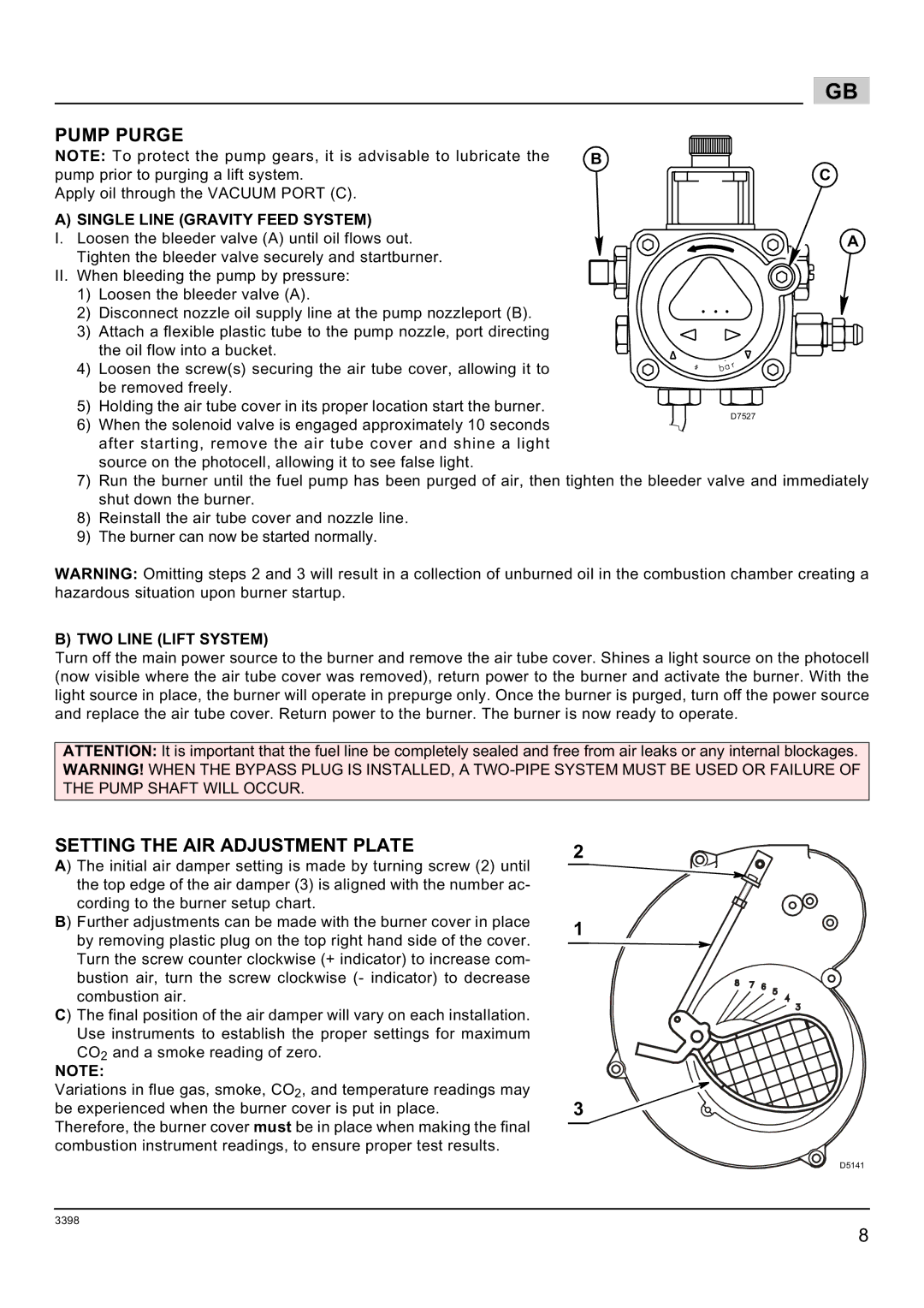 Weil-McLain 800061000-Brn-PO Rie BF5 manual Pump Purge, Setting the AIR Adjustment Plate, TWO Line Lift System 