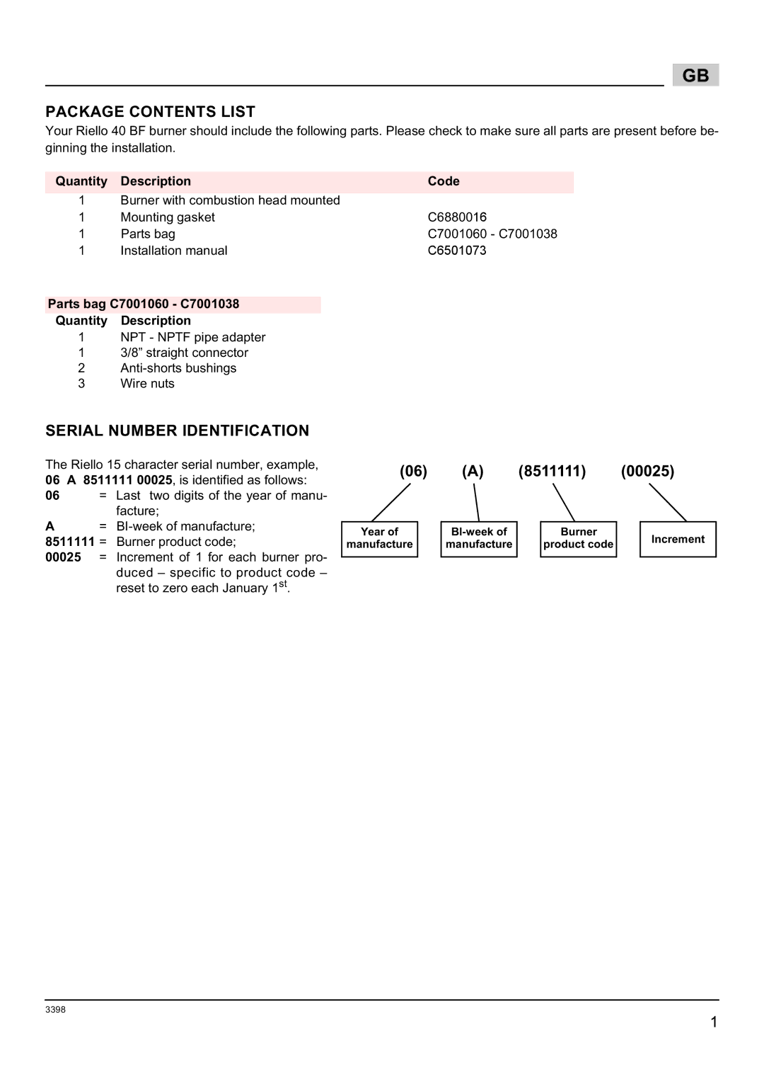 Weil-McLain 800060000-Brn-PO Rie BF5, 800062000-Brn-PO Rie BF5 manual Package Contents List, Serial Number Identification 