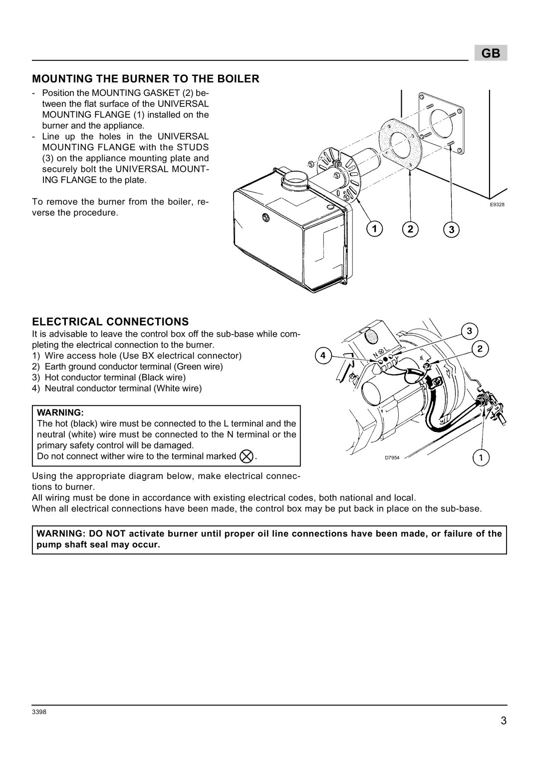 Weil-McLain 800062000-Brn-PO Rie BF5, 800060000-Brn-PO Rie BF5 Mounting the Burner to the Boiler, Electrical Connections 