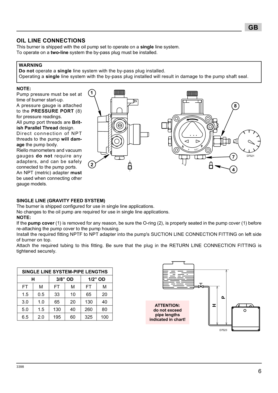 Weil-McLain 800062000-Brn-PO Rie BF5, 800060000-Brn-PO Rie BF5 manual OIL Line Connections, Single Line Gravity Feed System 