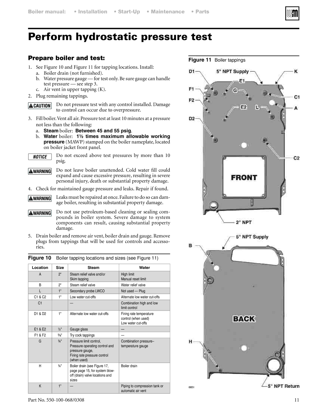 Weil-McLain 88 manual Perform hydrostatic pressure test, Prepare boiler and test, Steam boiler Between 45 and 55 psig 