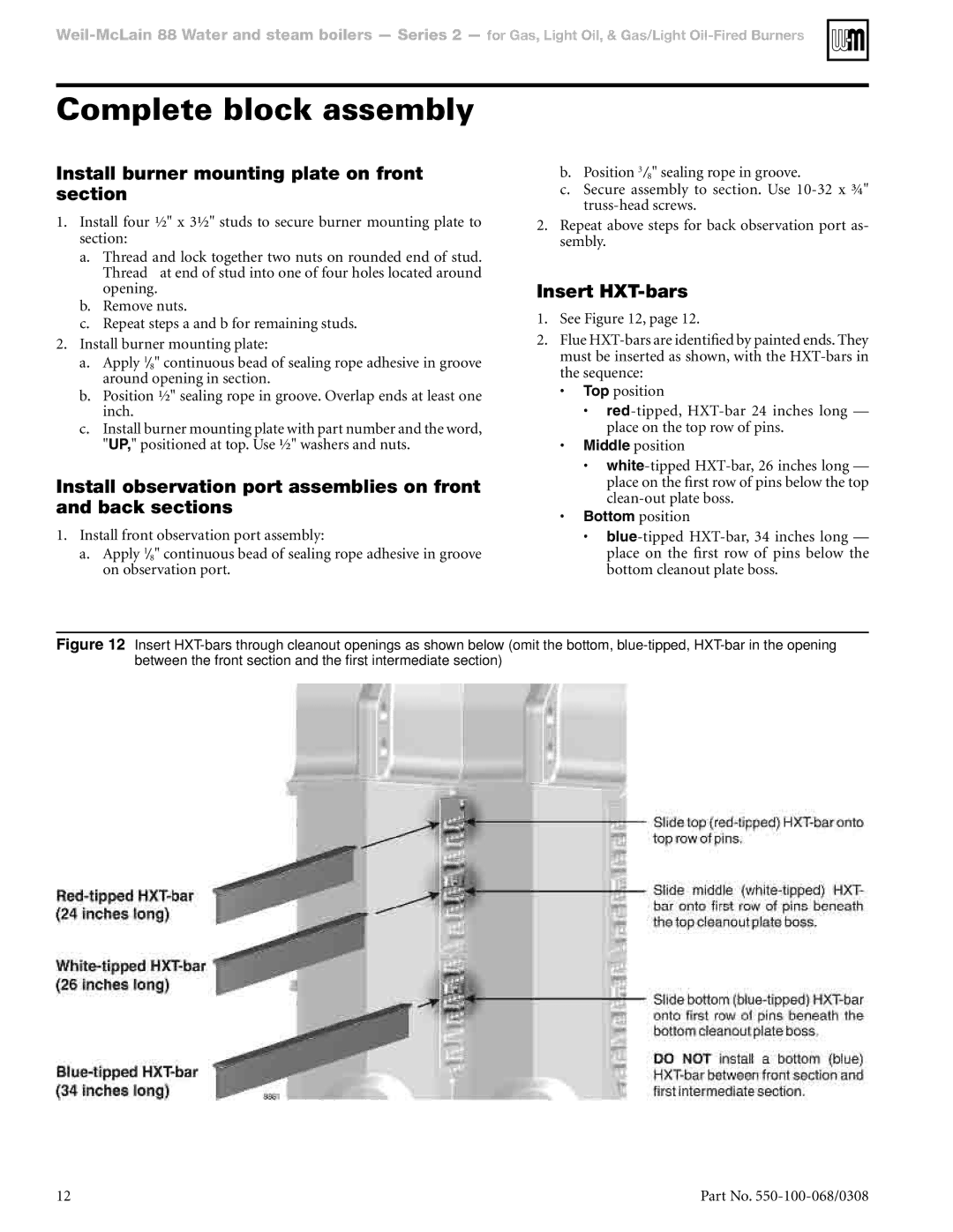 Weil-McLain 88 manual Complete block assembly, Install burner mounting plate on front section, Insert HXT-bars 