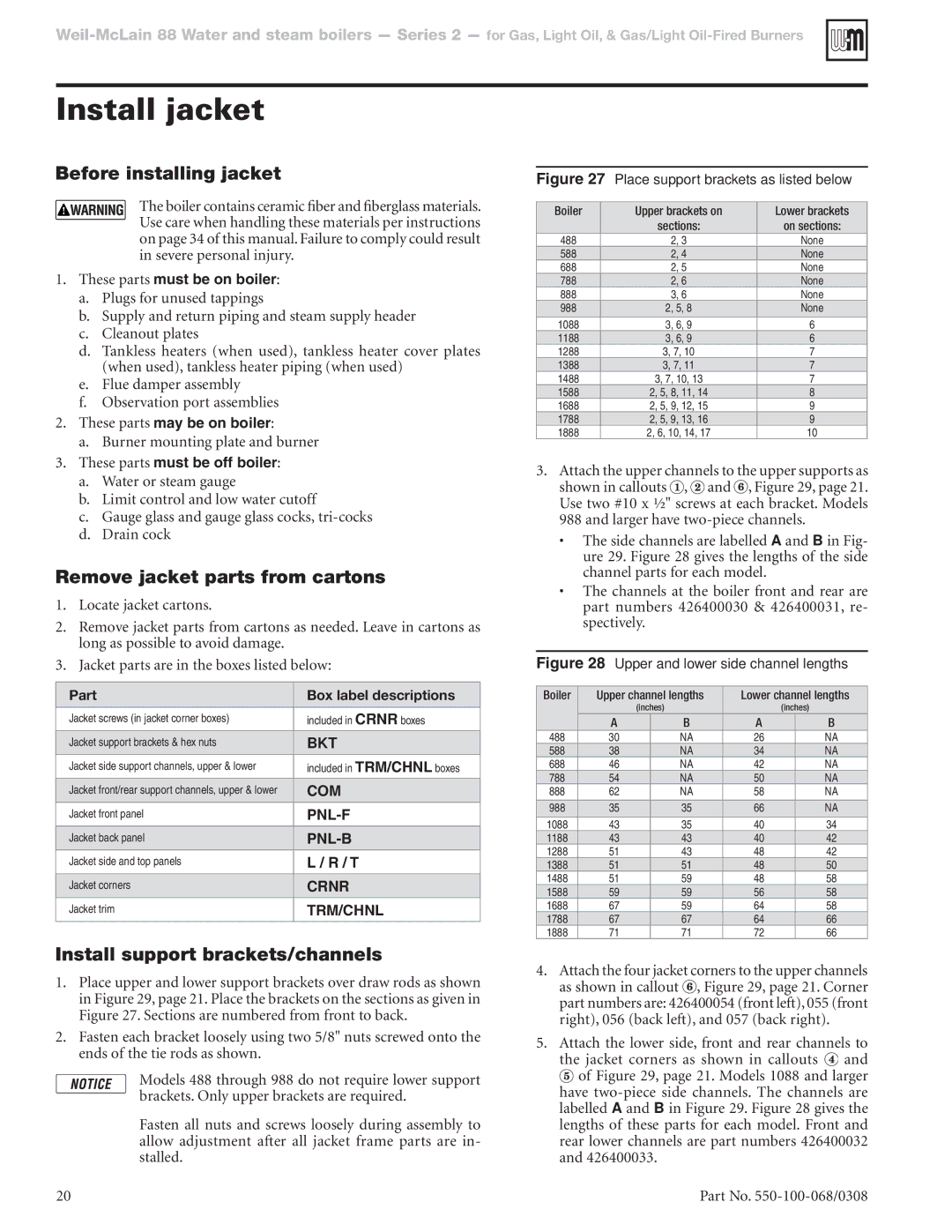 Weil-McLain 88 manual Install jacket, Before installing jacket, Remove jacket parts from cartons 