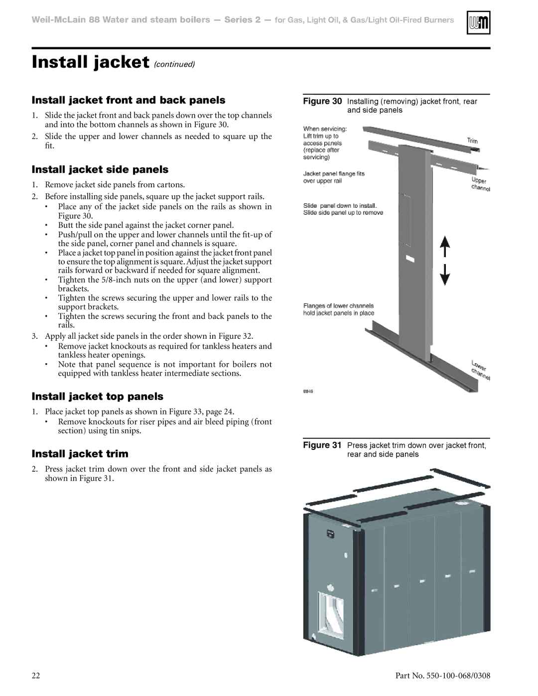 Weil-McLain 88 manual Install jacket front and back panels, Install jacket side panels, Install jacket top panels 