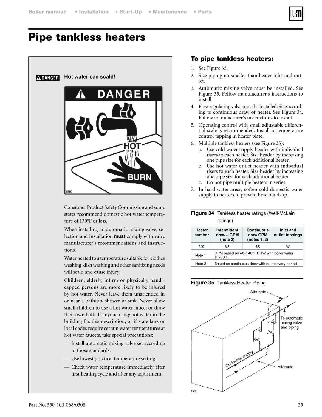 Weil-McLain 88 manual Pipe tankless heaters, To pipe tankless heaters, Hot water can scald 