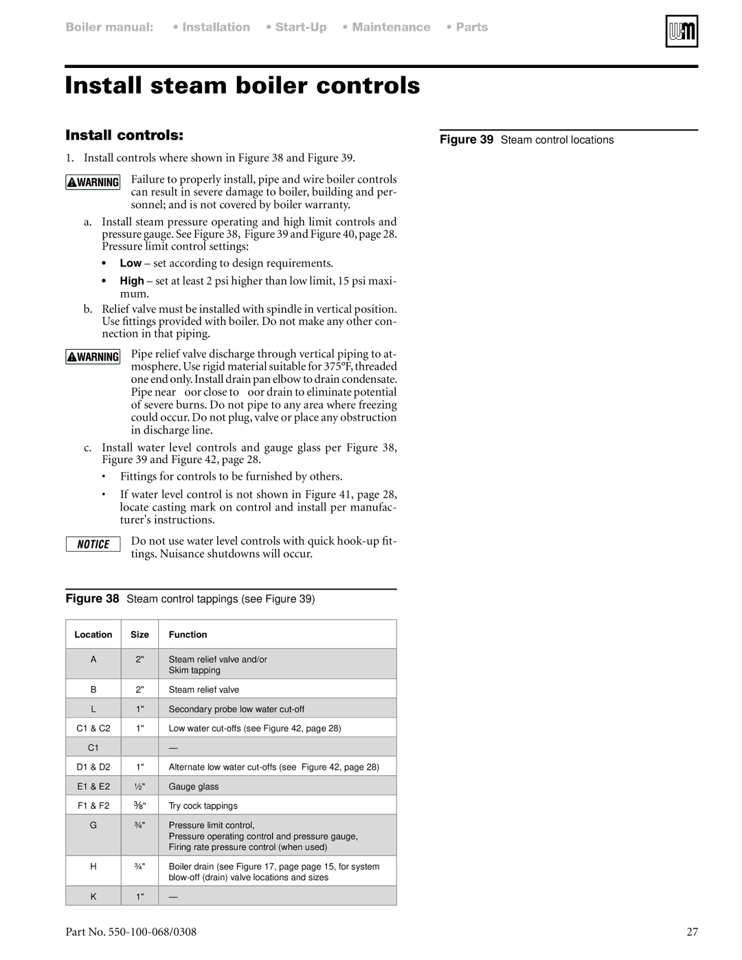 Weil-McLain 88 manual Install steam boiler controls, Steam control locations 