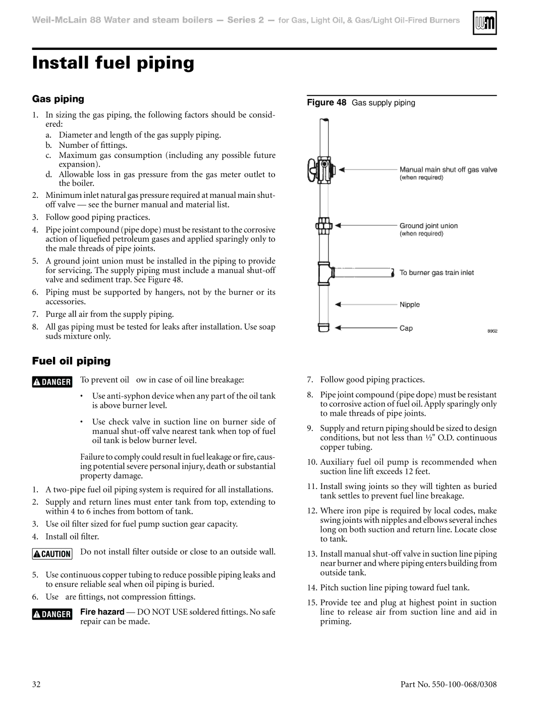 Weil-McLain 88 manual Install fuel piping, Fuel oil piping, Gas piping 