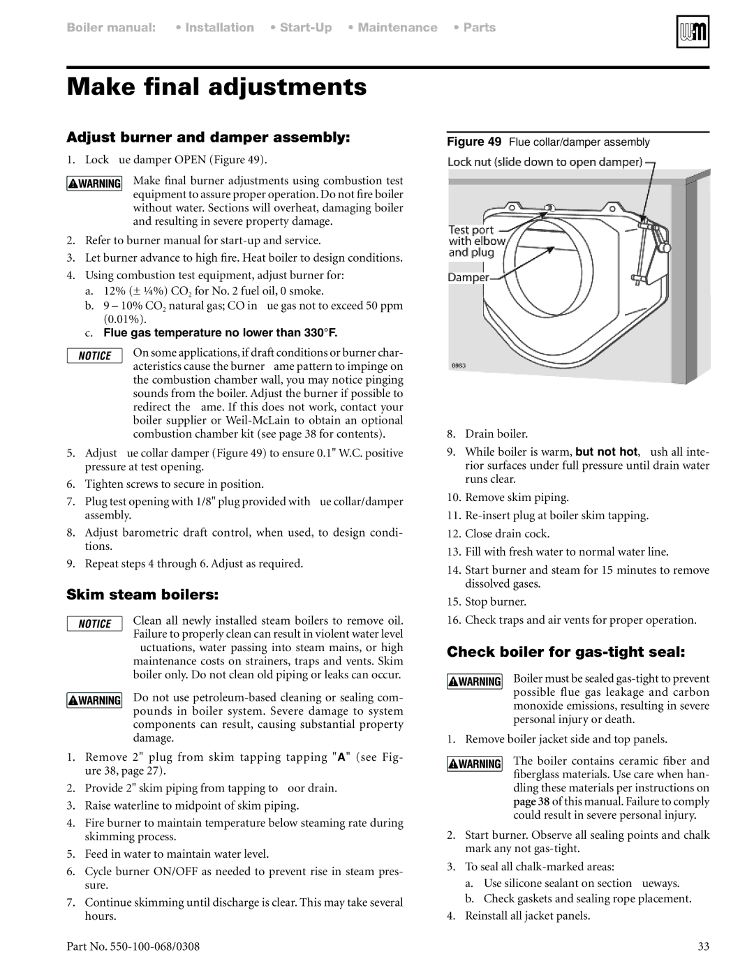 Weil-McLain 88 manual Make final adjustments, Adjust burner and damper assembly, Skim steam boilers 