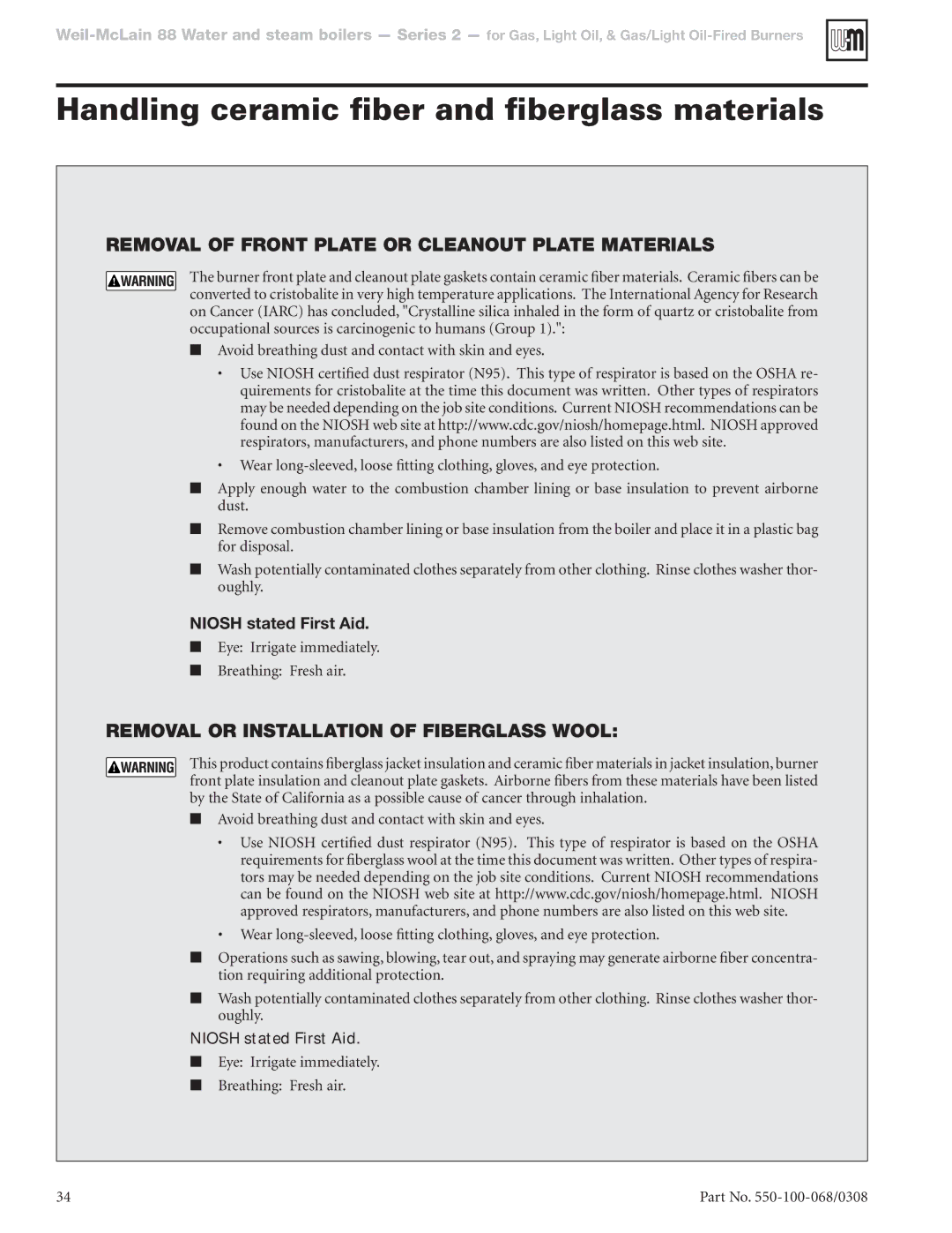 Weil-McLain 88 manual Handling ceramic fiber and fiberglass materials, Removal of Front Plate or Cleanout Plate Materials 