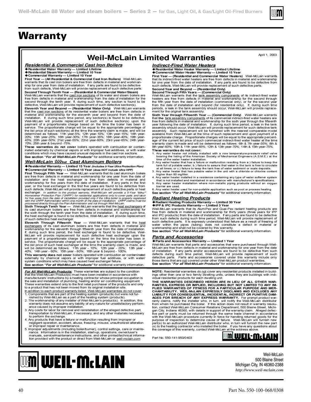 Weil-McLain 88 manual Warranty, Weil-McLain Limited Warranties 