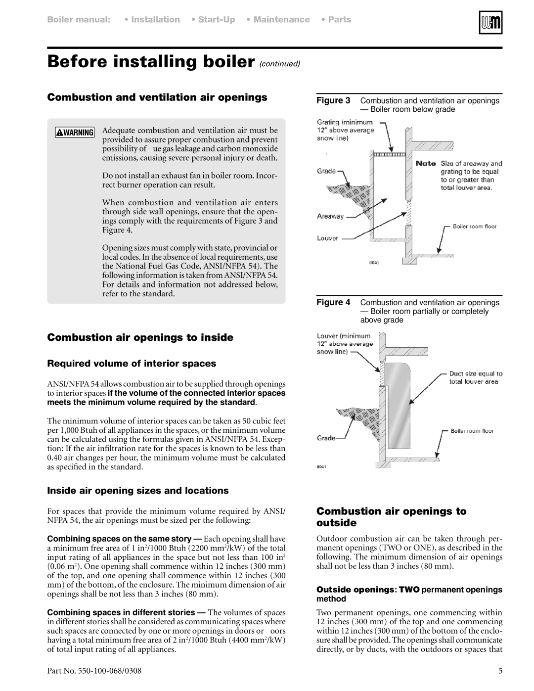Weil-McLain 88 manual Combustion and ventilation air openings, Combustion air openings to inside 