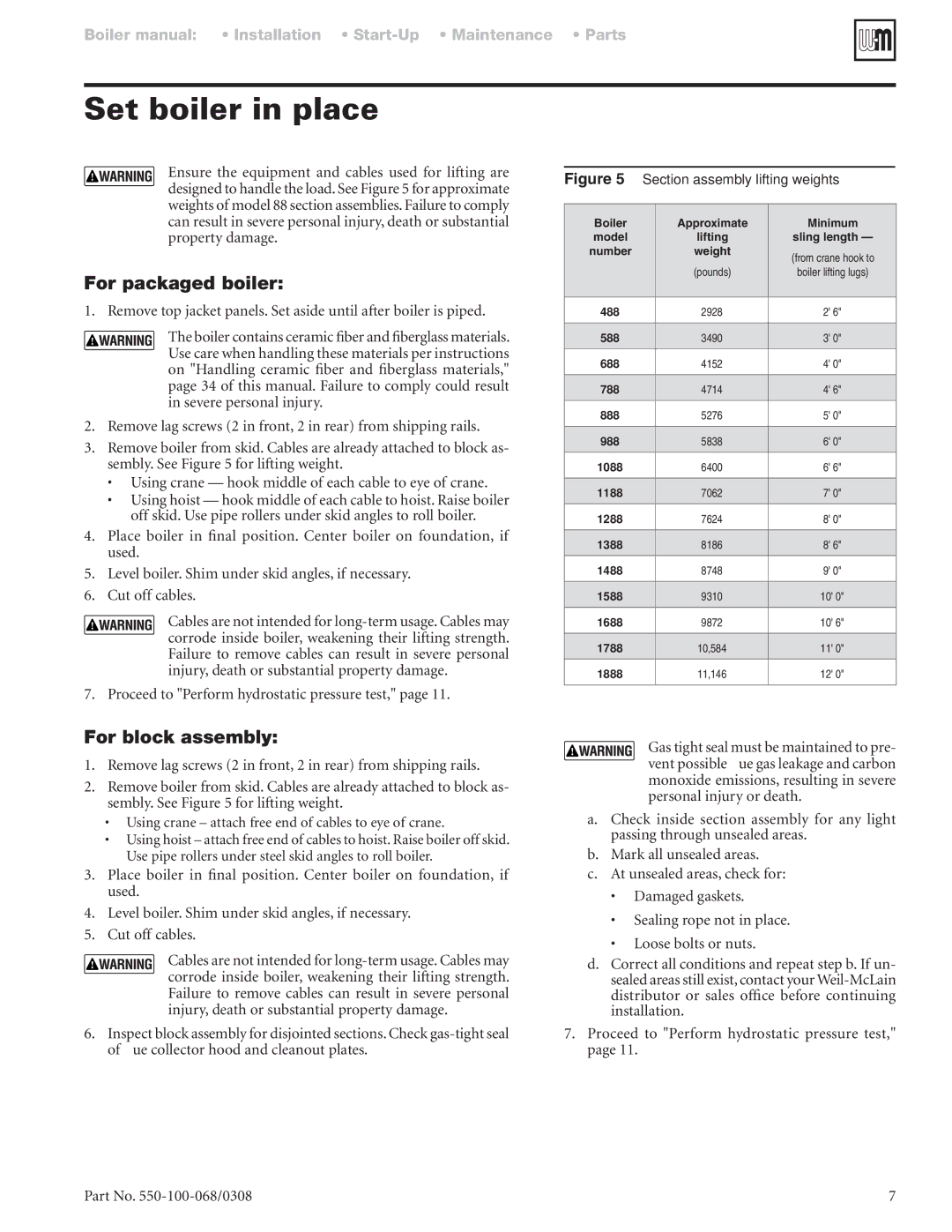 Weil-McLain 88 manual Set boiler in place, For packaged boiler, For block assembly 