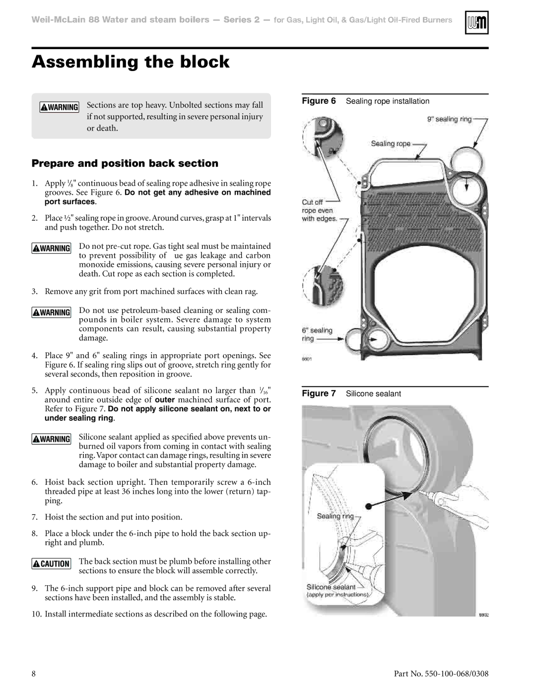 Weil-McLain 88 manual Assembling the block, Prepare and position back section 