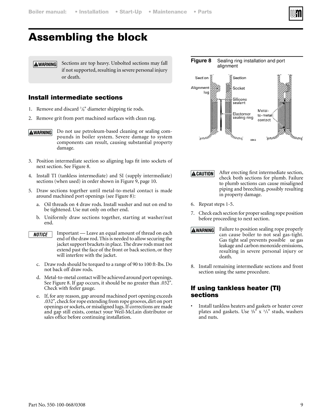 Weil-McLain 88 manual Install intermediate sections, If using tankless heater TI sections 