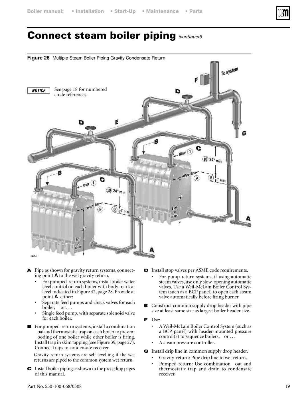 Weil-McLain 88 manual Connect steam boiler piping continued, See page 18 for numbered circle references 