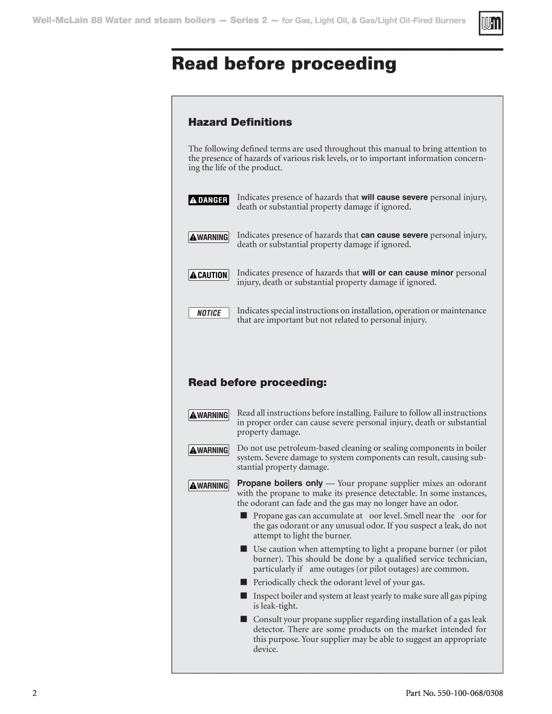 Weil-McLain 88 manual Read before proceeding, Hazard Definitions 