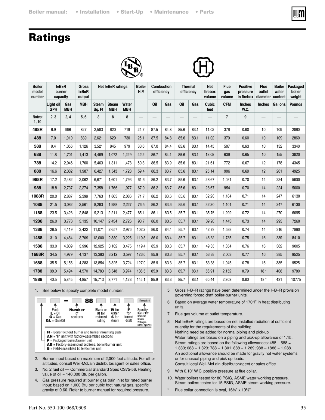 Weil-McLain 88 manual Ratings, Part No. 550-100-068/0308 