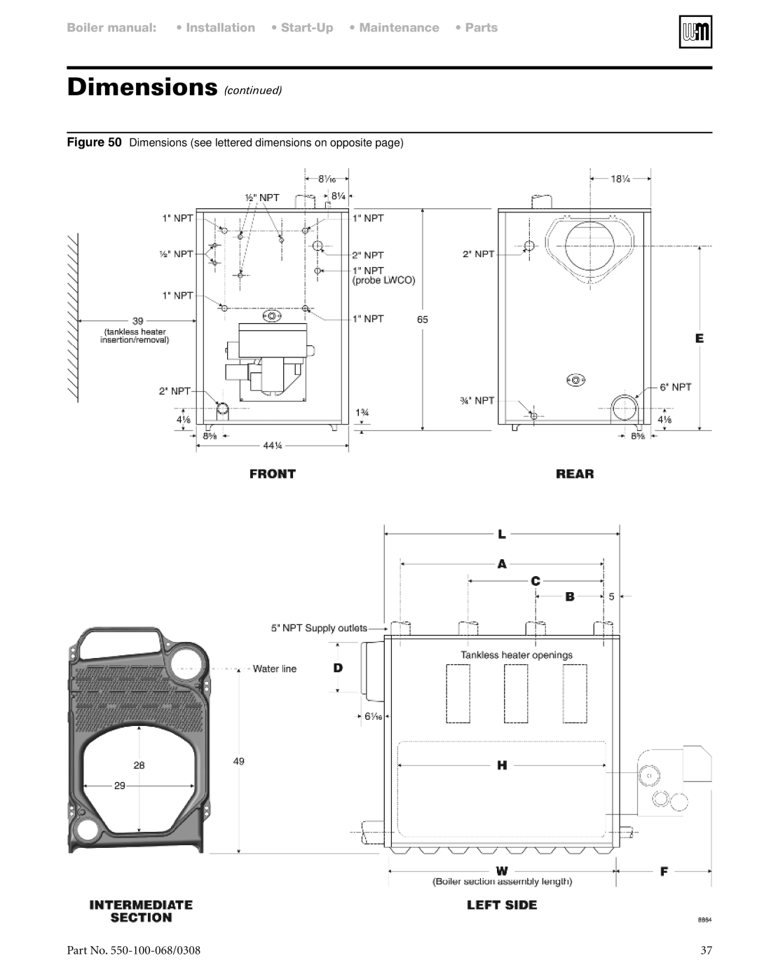 Weil-McLain 88 manual Dimensions continued, Part No. 550-100-068/0308 
