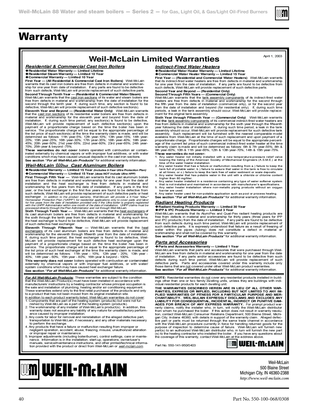 Weil-McLain 88 Warranty, Weil-McLainLimited Warranties, Residential & Commercial Cast Iron Boilers, Parts and Accessories 