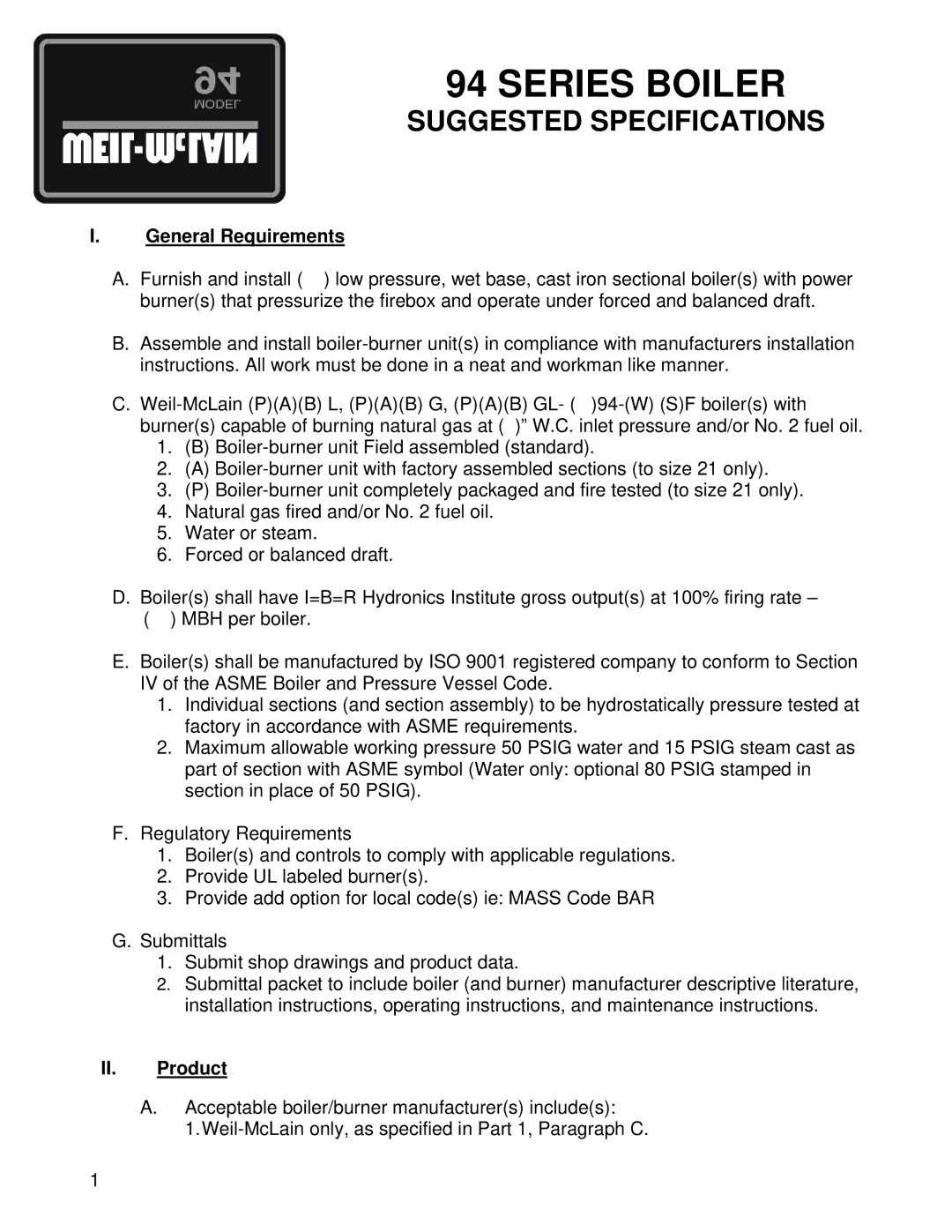 Weil-McLain 94 specifications General Requirements, II. Product 