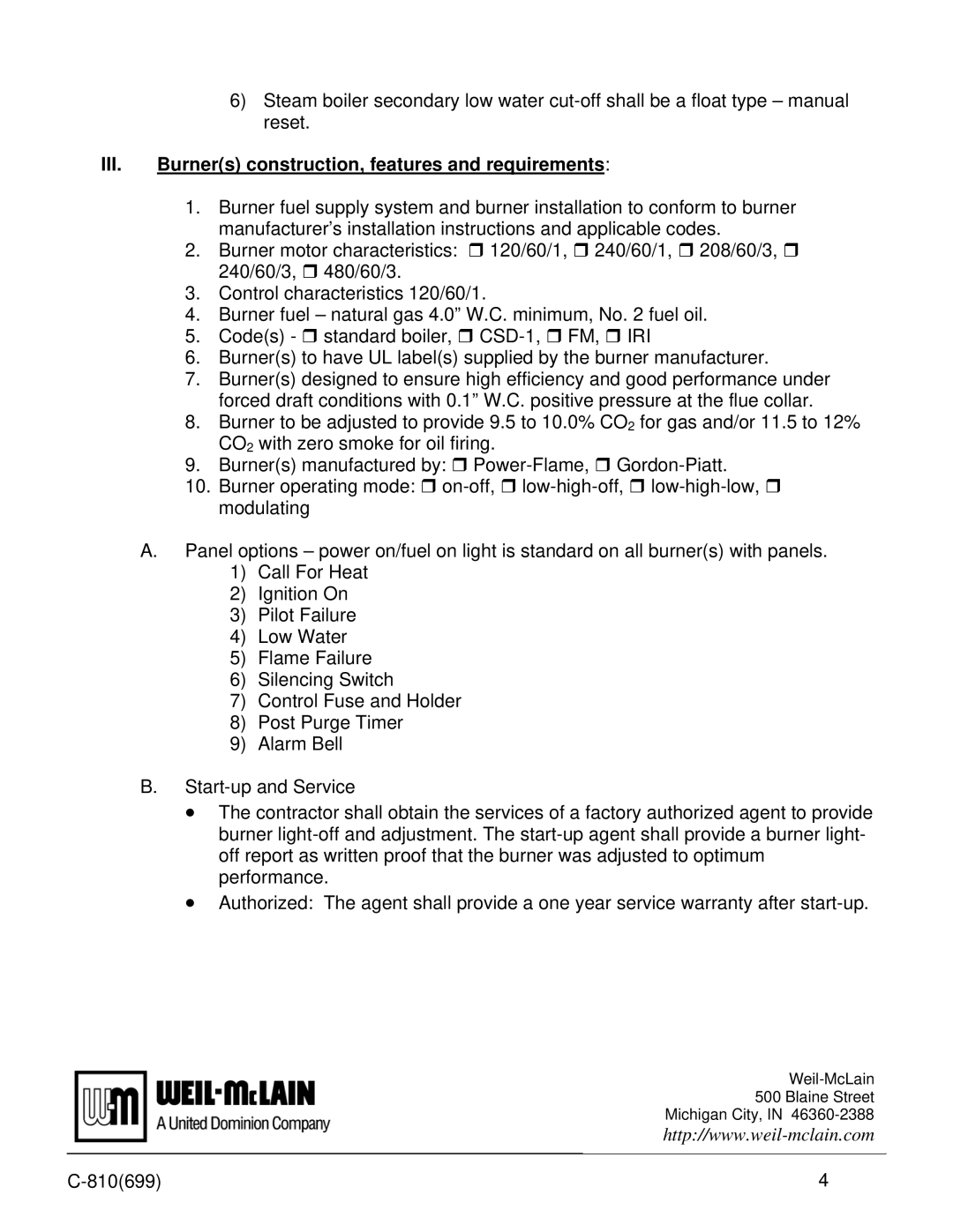 Weil-McLain 94 specifications III. Burners construction, features and requirements 