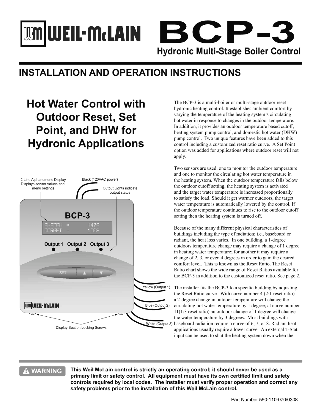 Weil-McLain BCP-3 manual Hydronic Multi-Stage Boiler Control 