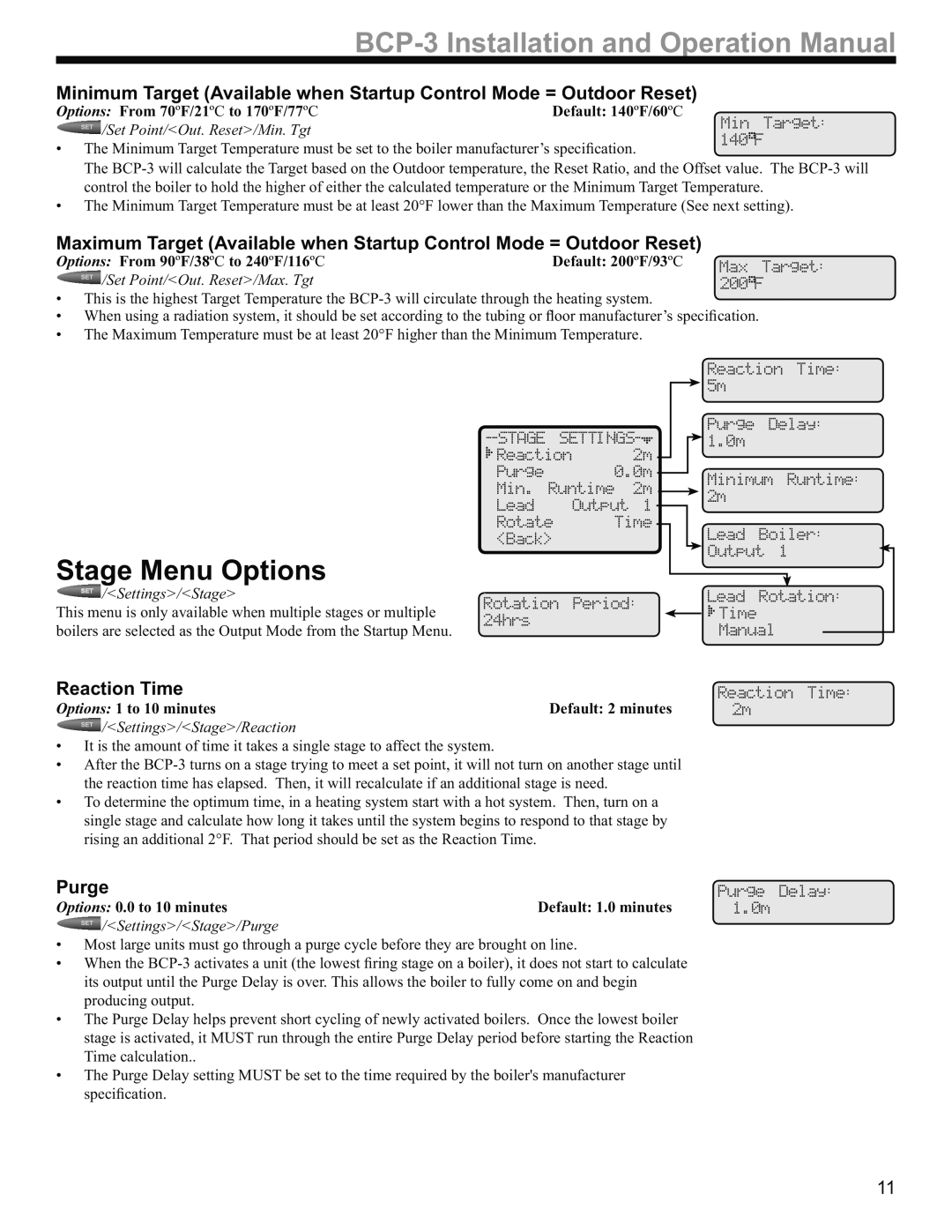 Weil-McLain BCP-3 manual Stage Menu Options, SET /Set Point/Out. Reset/Min. Tgt, SET /Set Point/Out. Reset/Max. Tgt 