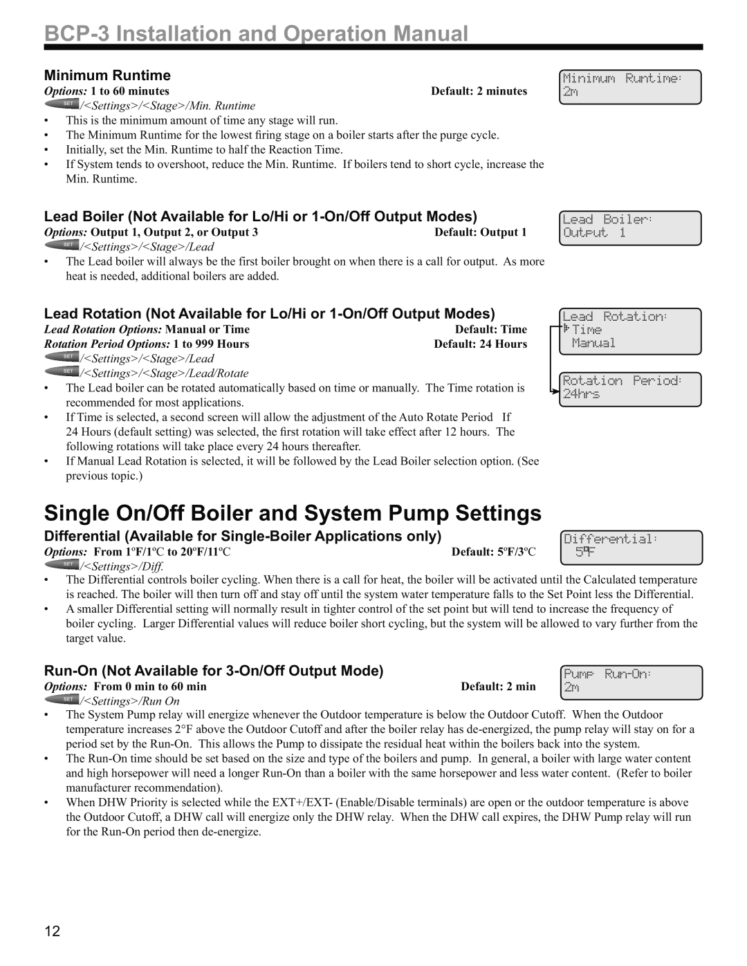 Weil-McLain BCP-3 manual Single On/Off Boiler and System Pump Settings, Run-On Not Available for 3-On/Off Output Mode 