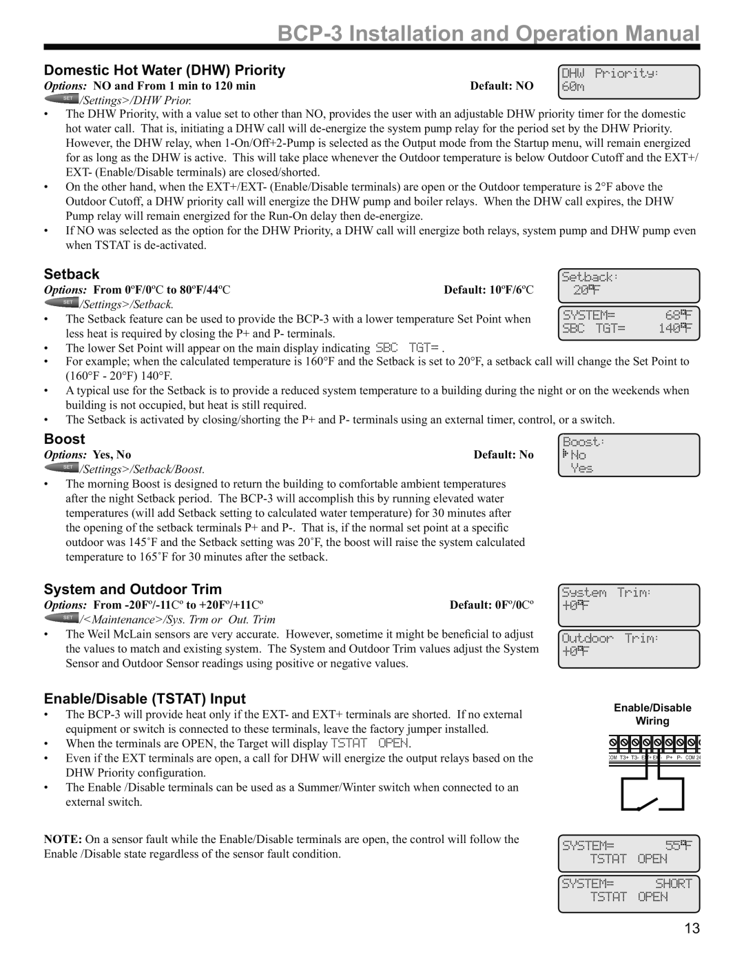 Weil-McLain BCP-3 Domestic Hot Water DHW Priority, Setback, Boost, System and Outdoor Trim, Enable/Disable Tstat Input 