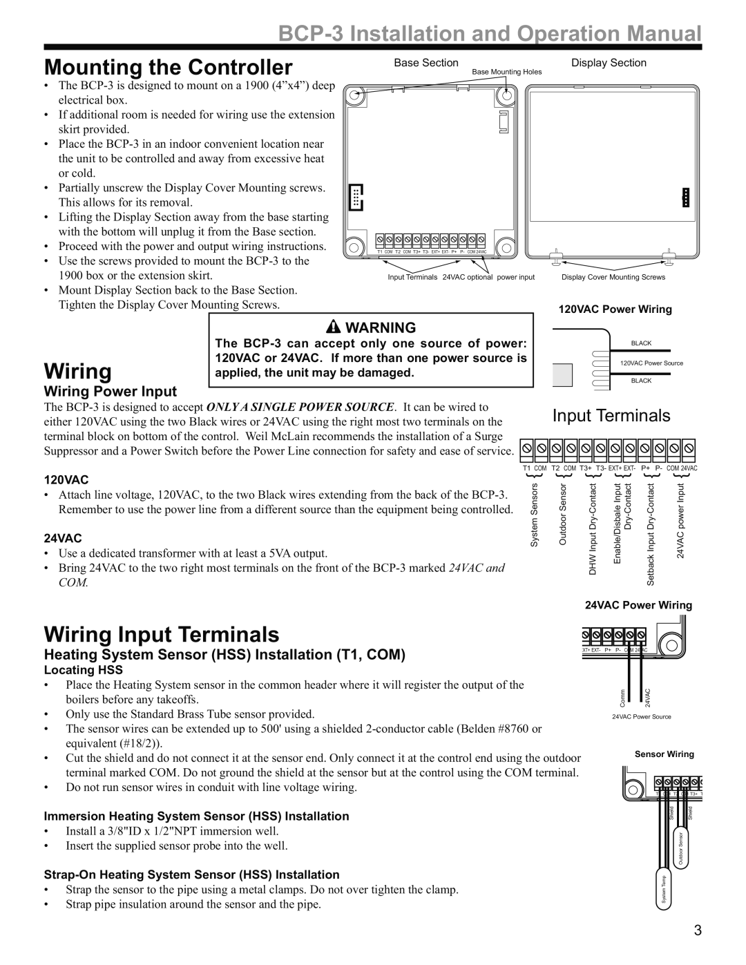 Weil-McLain BCP-3 manual Mounting the Controller, Wiring Input Terminals, Wiring Power Input 