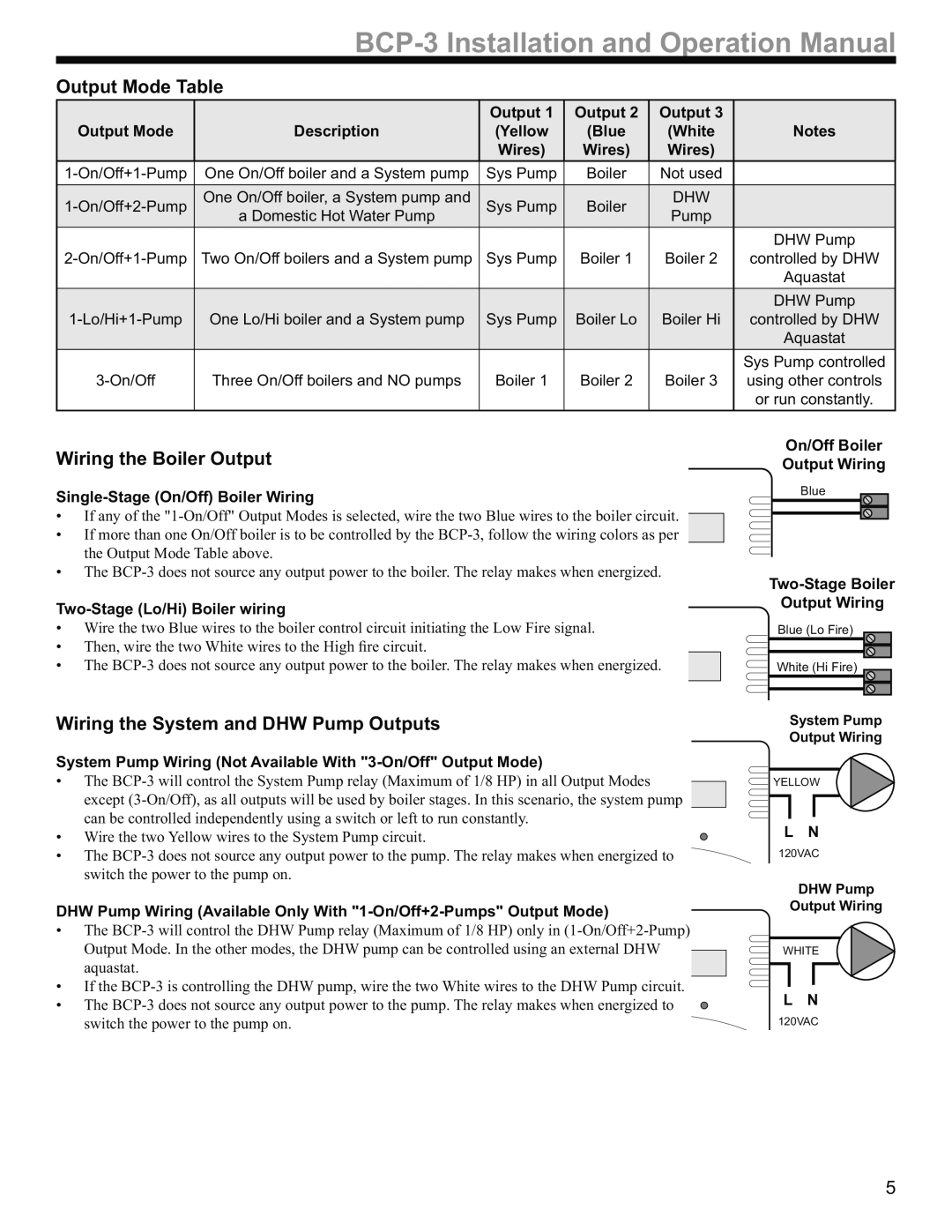 Weil-McLain BCP-3 manual Output Mode Table, Wiring the Boiler Output, Wiring the System and DHW Pump Outputs 