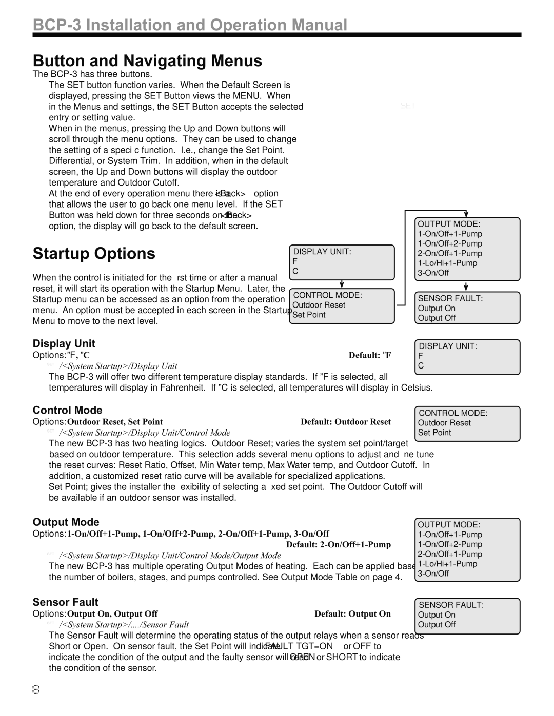 Weil-McLain BCP-3 manual Button and Navigating Menus, Startup Options 