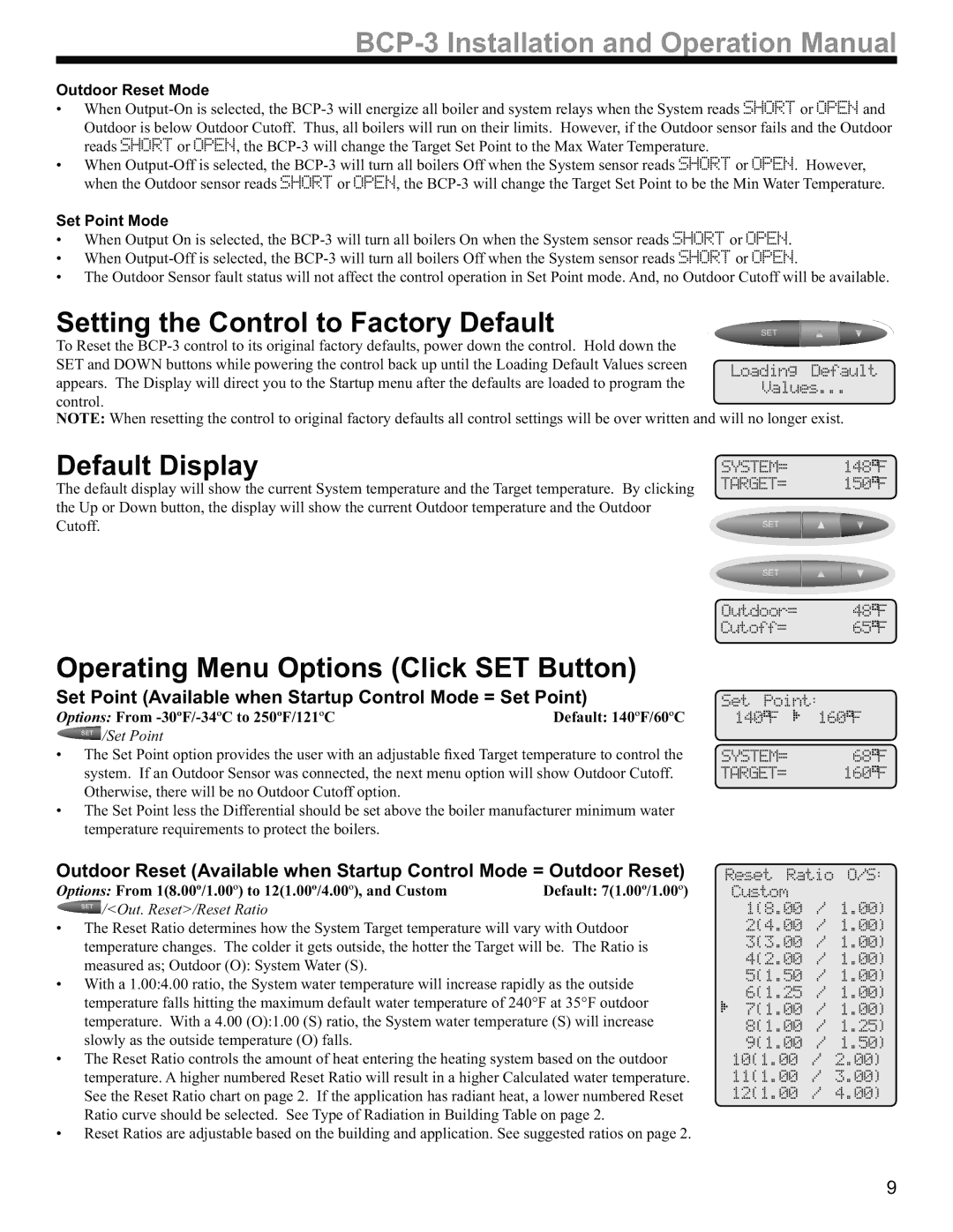 Weil-McLain BCP-3 manual Setting the Control to Factory Default, Default Display, Operating Menu Options Click SET Button 