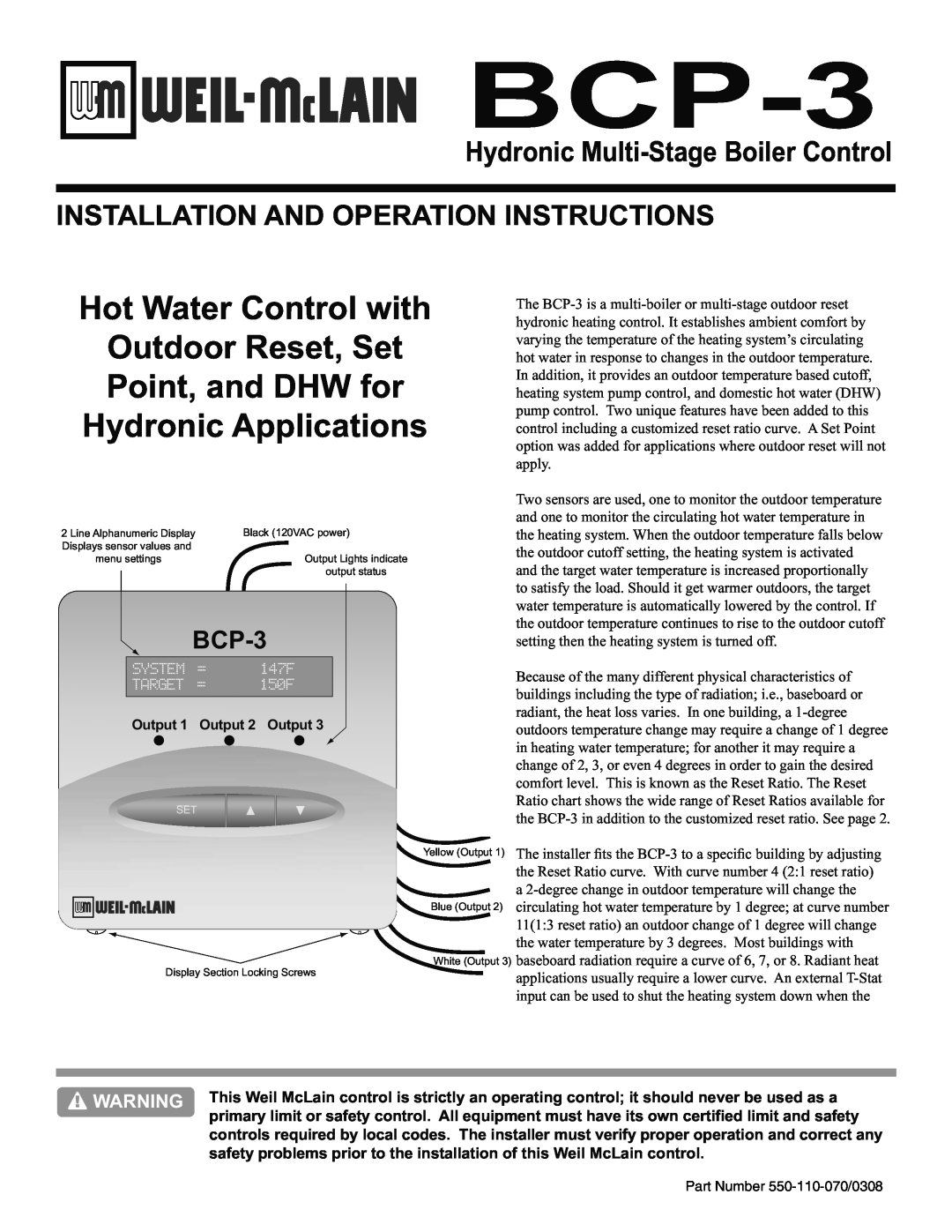 Weil-McLain BCP-3 manual Hydronic Multi-StageBoiler Control, Installation And Operation Instructions 
