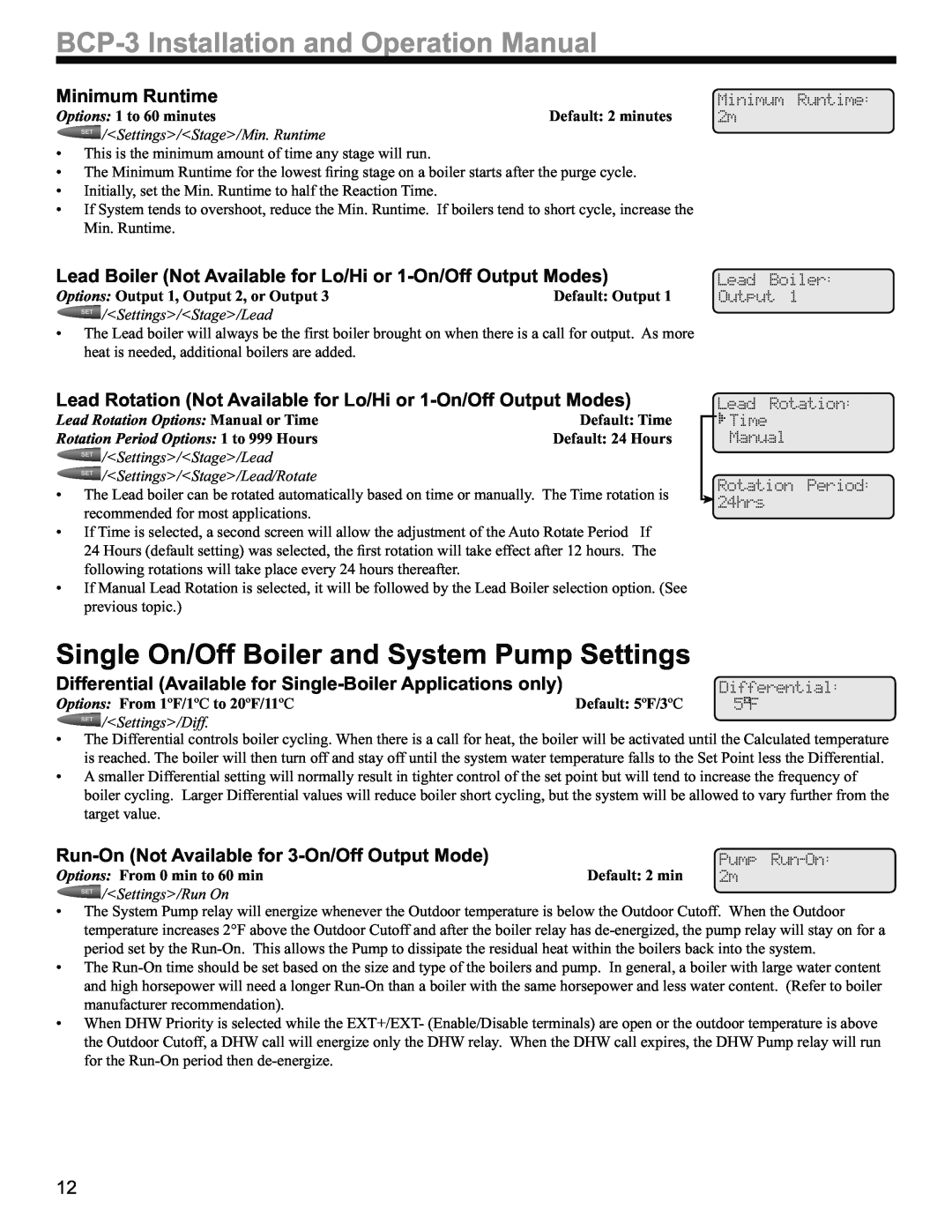 Weil-McLain BCP-3 manual Single On/Off Boiler and System Pump Settings, Run-OnNot Available for 3-On/OffOutput Mode 