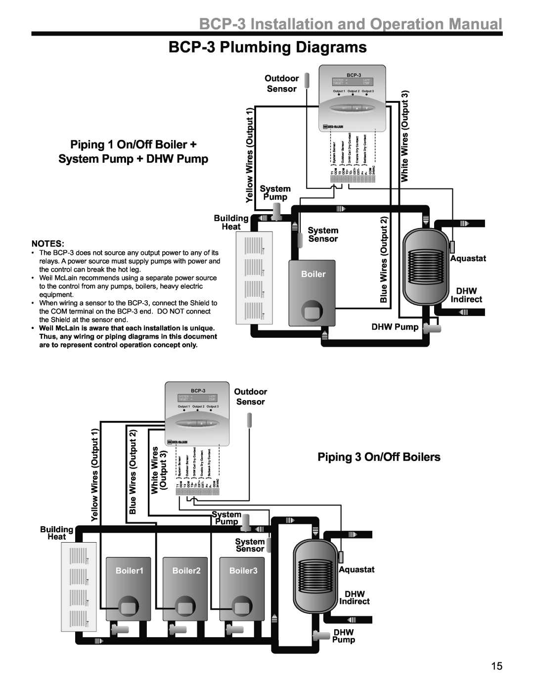 Weil-McLain BCP-3Plumbing Diagrams, Piping 1 On/Off Boiler +, System Pump + DHW Pump, Piping 3 On/Off Boilers, Boiler1 