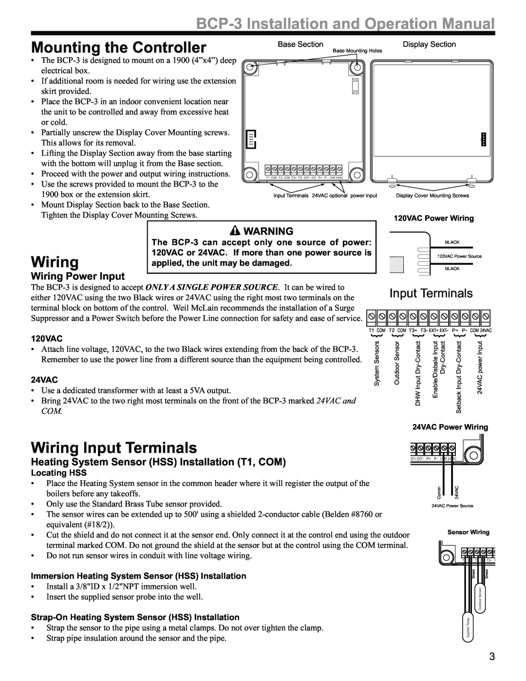 Weil-McLain BCP-3 manual Mounting the Controller, Wiring Input Terminals, Wiring Power Input 