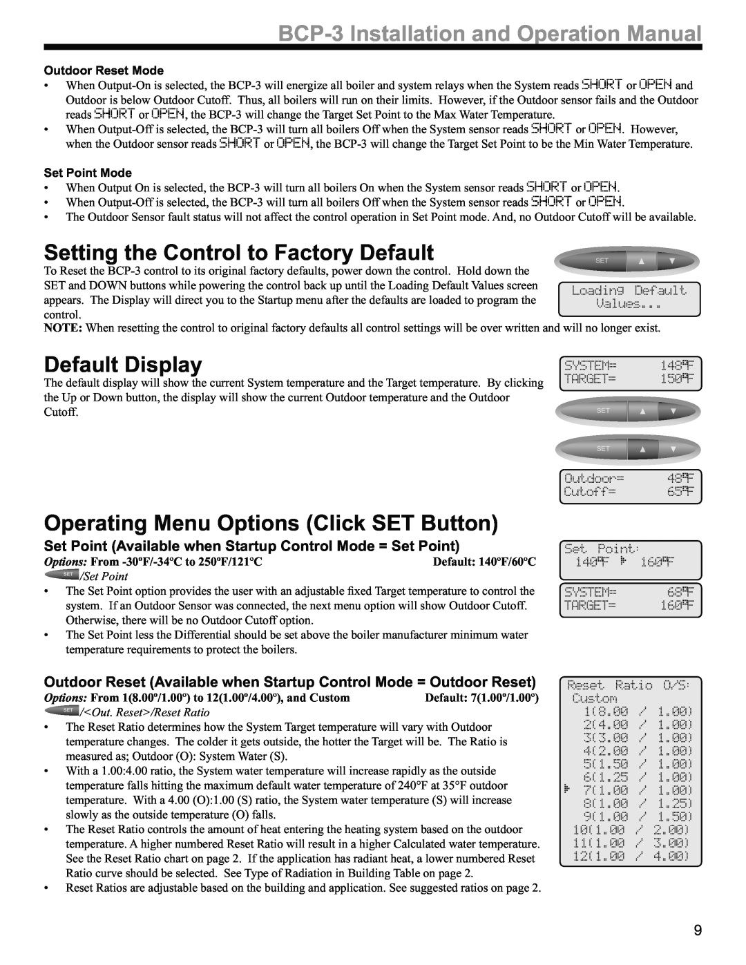 Weil-McLain BCP-3 manual Setting the Control to Factory Default, Default Display, Operating Menu Options Click SET Button 