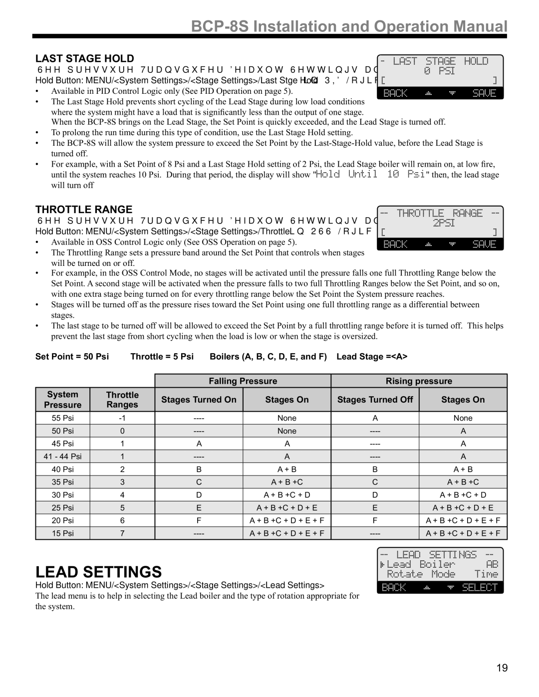 Weil-McLain BCP-8X, BCP-8S manual $677,1*6, $6767$*+2, 6HHSUHVVXUH7UDQVGXFHUHIDXOW6HWWLQJVDQG5DQJHV7DEOH 