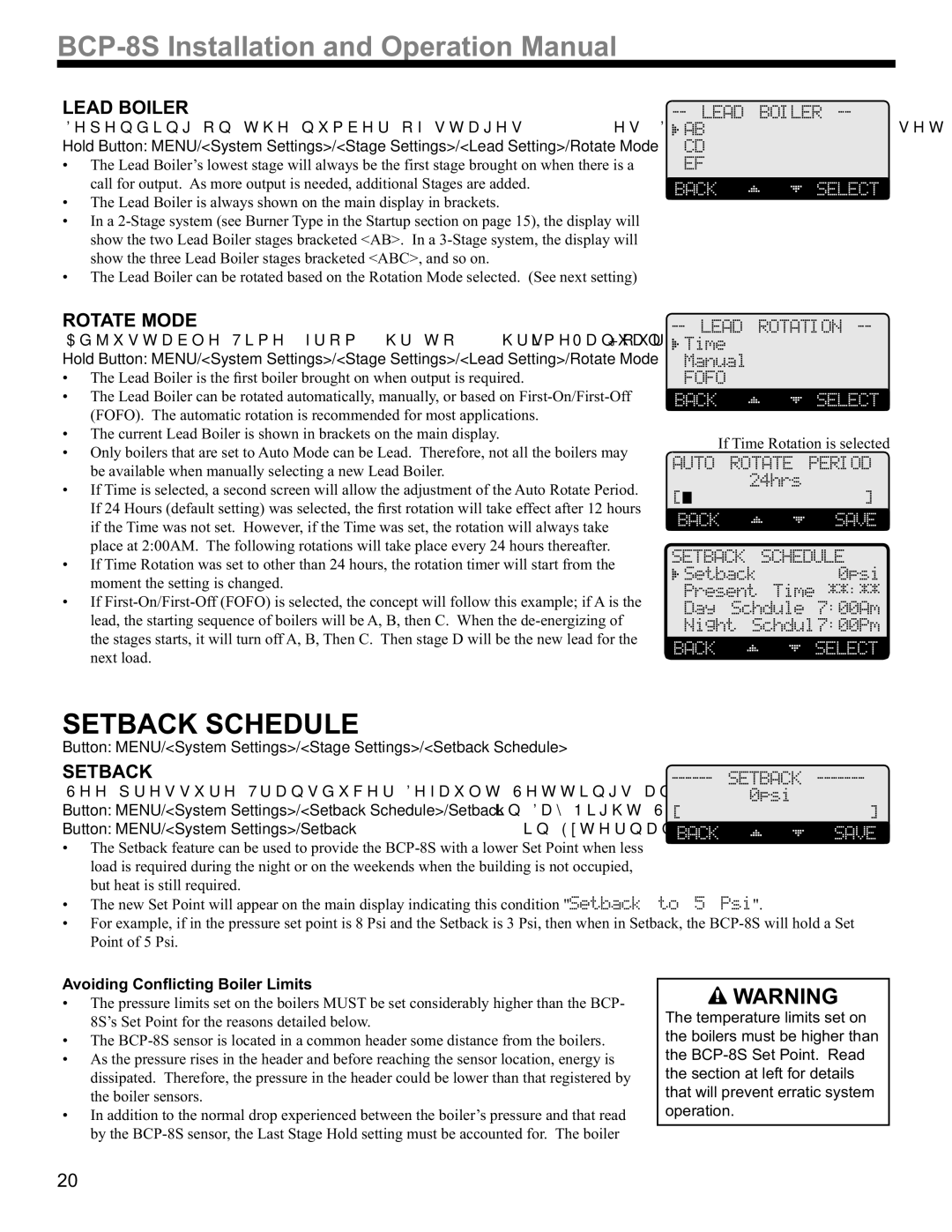 Weil-McLain BCP-8S, BCP-8X manual 67%$&.6&+8, $%2,/5, 527$702, Button MENU/System Settings/Setback 