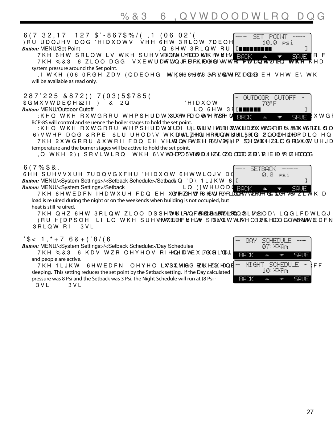 Weil-McLain BCP-8X, BCP-8S manual 6732,17127$-867$%/,10602, 70 F, Button MENU/Outdoor Cutoff, Setback 