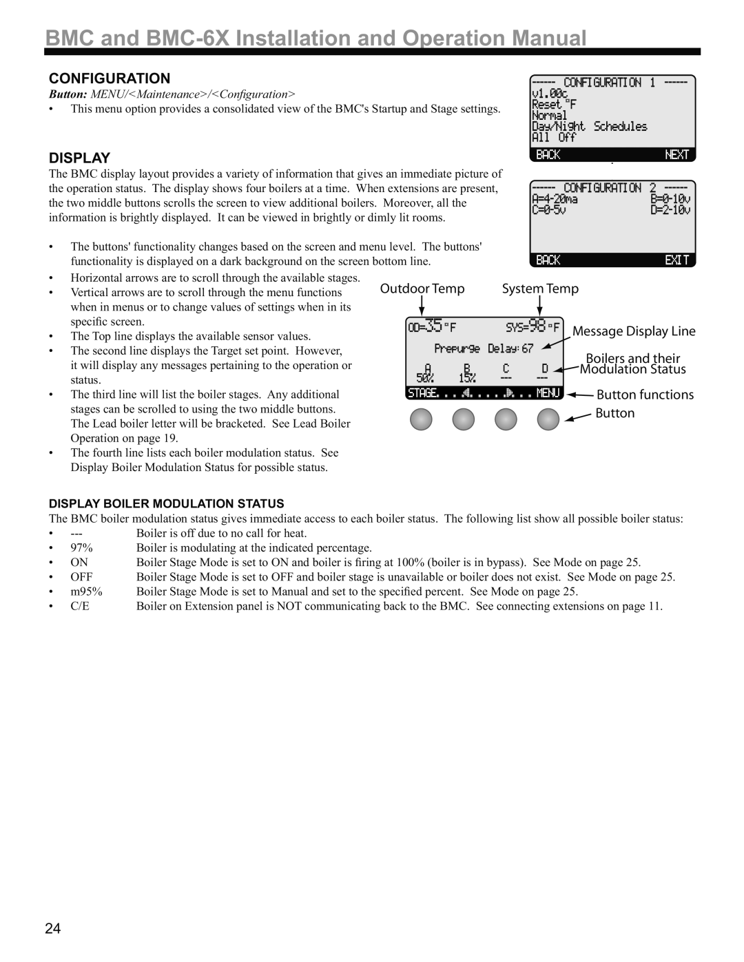 Weil-McLain BMC-6X Configuration, Button MENU/Maintenance/Conﬁguration, Display Boiler Modulation Status 