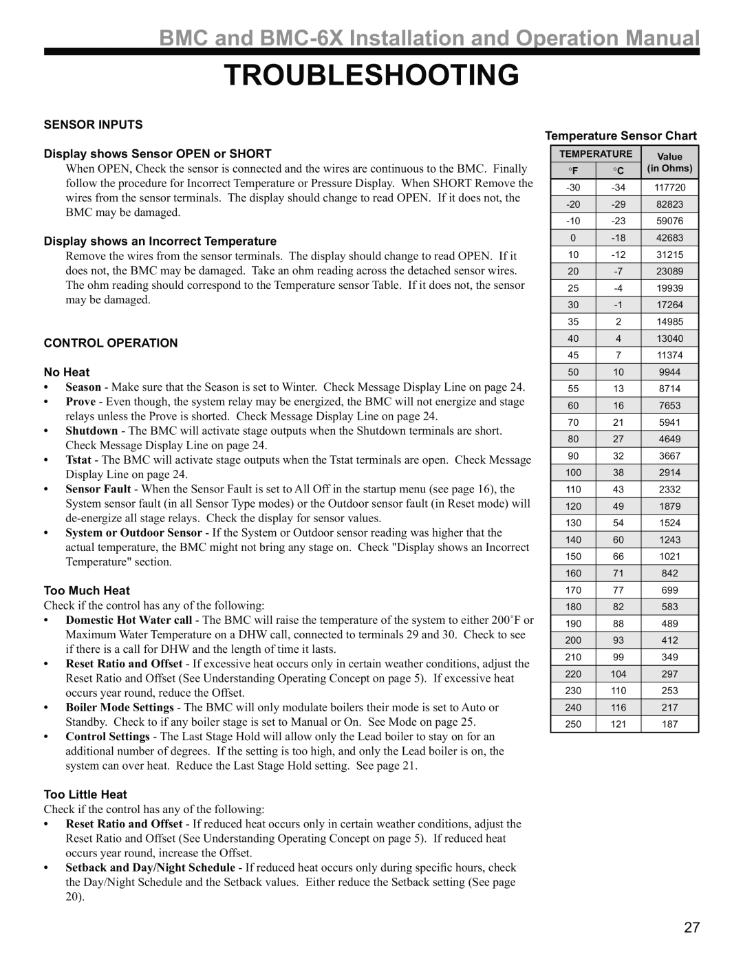 Weil-McLain BMC-6X operation manual Troubleshooting, Sensor Inputs, Control Operation 