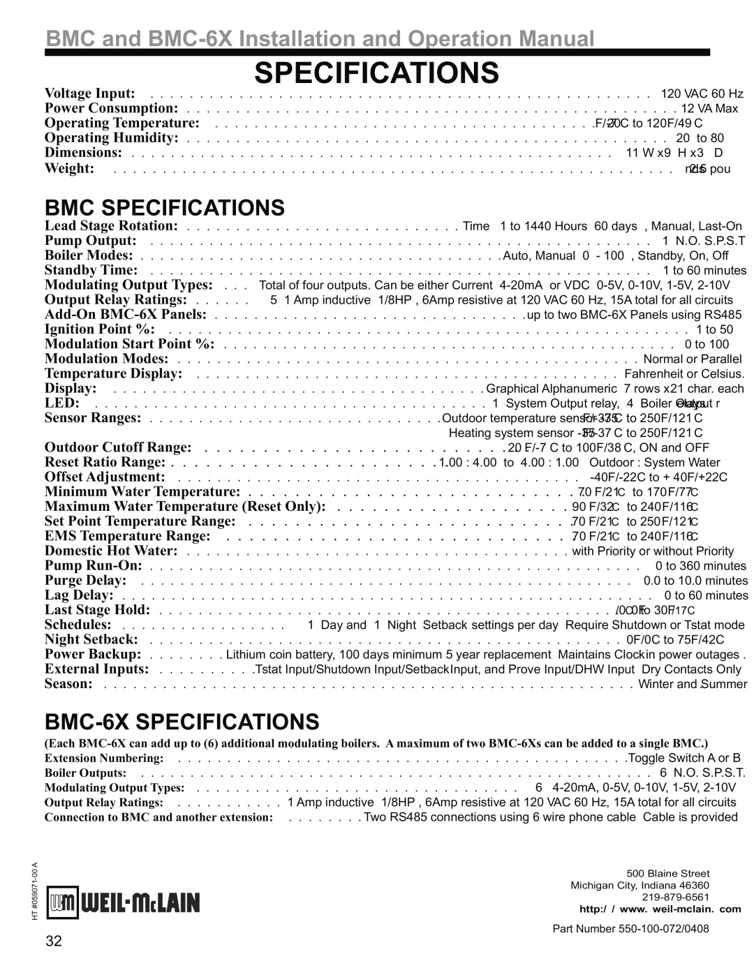 Weil-McLain operation manual BMC Specifications, BMC-6X Specifications 