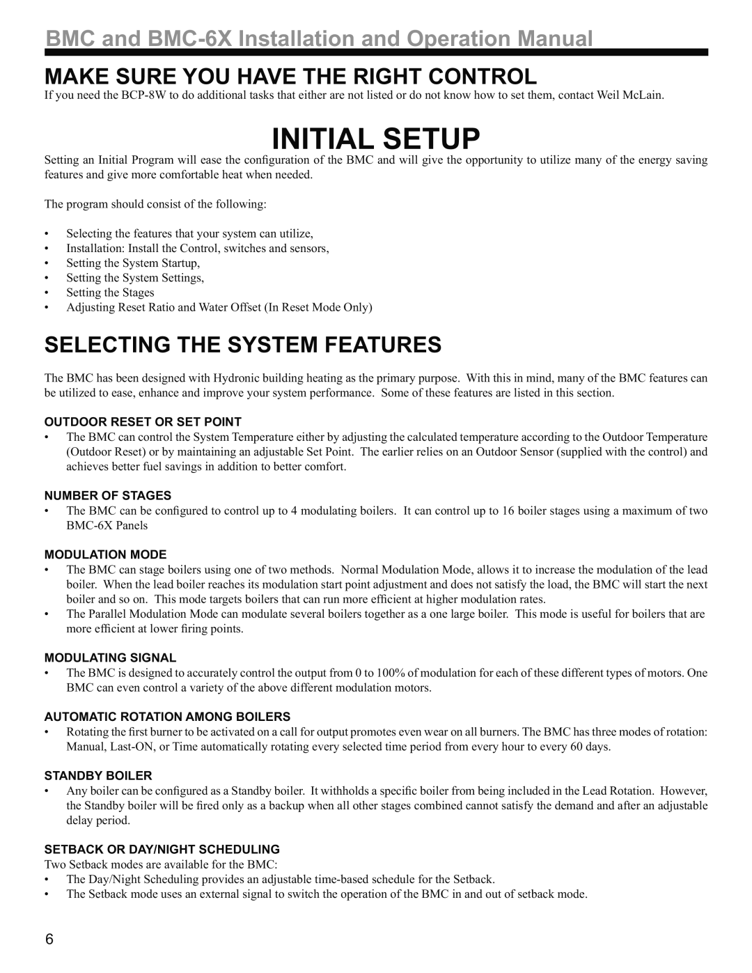 Weil-McLain BMC-6X operation manual Initial Setup, Make Sure YOU have the Right Control, Selecting the System Features 